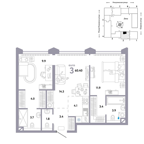 Новая 3-к квартира
 60.4 м² на 25/30 этаже в ЖК «Страна.Озёрная» в городе Тюмень 