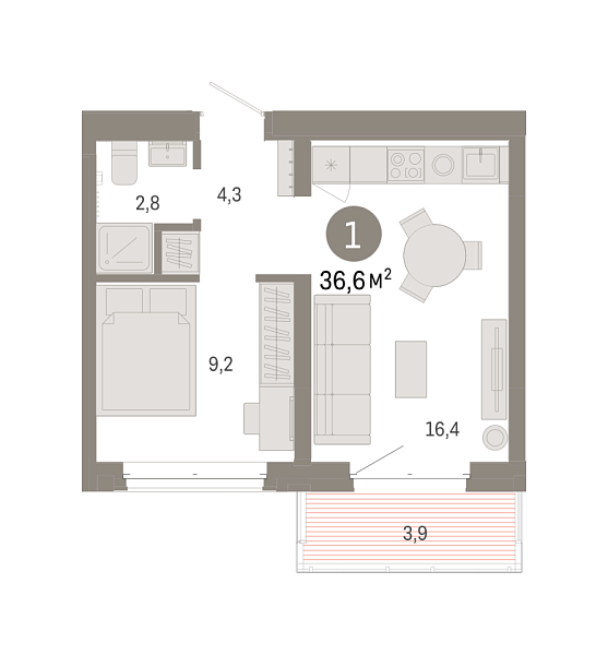 Новая 1-к квартира
 36.55 м² на 4/7 этаже в ЖК «Кварталы «На Минской»» в городе Тюмень 
