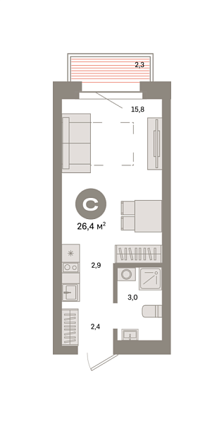 Новая квартира-студия
 26.4 м² на 3/9 этаже в ЖК «Квартал «Метроном»» в городе Тюмень 