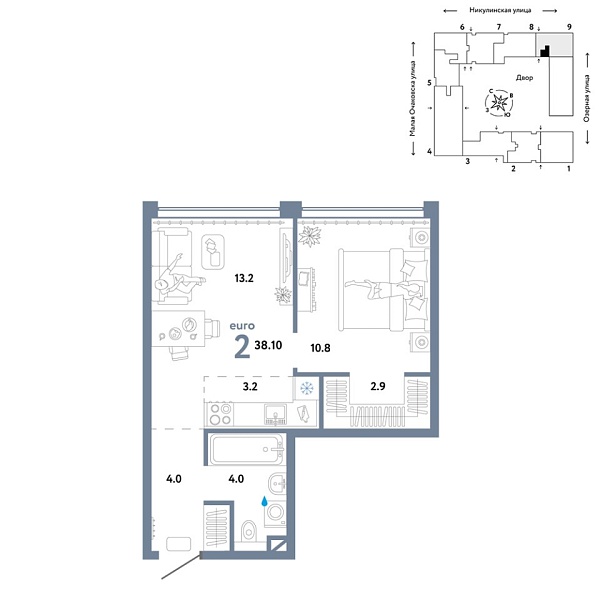 Новая 2-к квартира
 38.1 м² на 8/30 этаже в ЖК «Страна.Озёрная» в городе Тюмень 