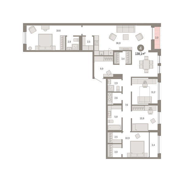 Новая 4-к квартира
 138.11 м² на 4/15 этаже в ЖК «Республики 205» в городе Тюмень 