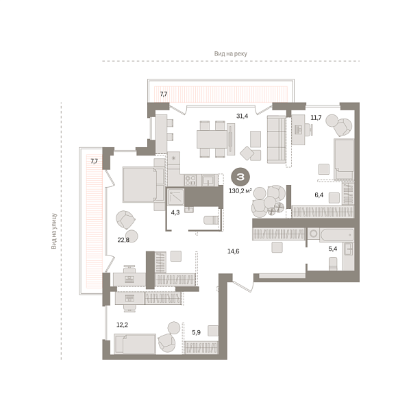 Новая 3-к квартира
 130.2 м² на 25/25 этаже в ЖК «Октябрьский на Туре» в городе Тюмень 