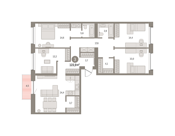 Новая 4-к квартира
 127.62 м² на 3/10 этаже в ЖК «Северный ветер» в городе Тюмень 