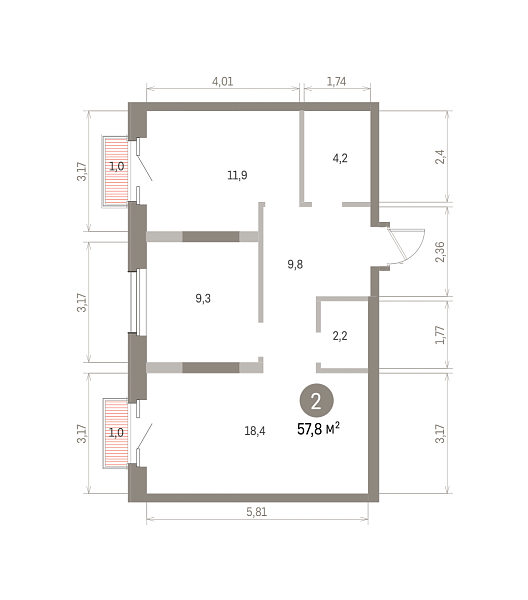 Количество комнат: 2,  57.8 кв.м.