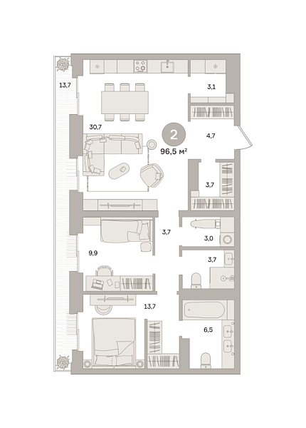 Новая 2-к квартира
 96.48 м² на 7/24 этаже в ЖК «Квартал «МОНС»» в городе Тюмень 