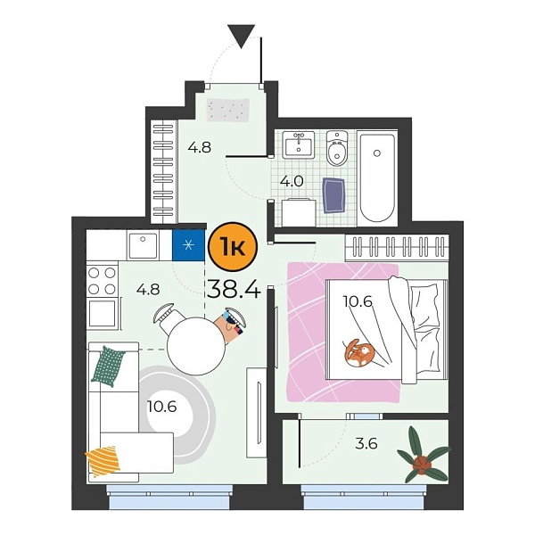 Новая 1-к квартира
 38.4 м² на 7/25 этаже в ЖК «Корней» в городе Тюмень 