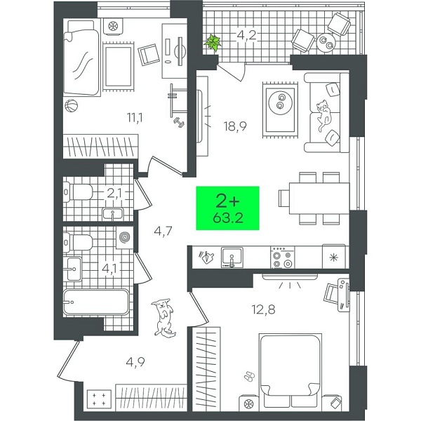 Новая 2-к квартира
 63.26 м² на 8/21 этаже в ЖК «Гранд Квартал» в городе Тюмень 