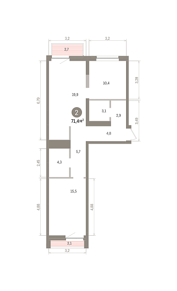 Количество комнат: 2,  71.4 кв.м.