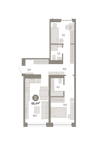 Новая 2-к квартира
 66.4 м² на 2/7 этаже в ЖК «Республики 205» в городе Тюмень 