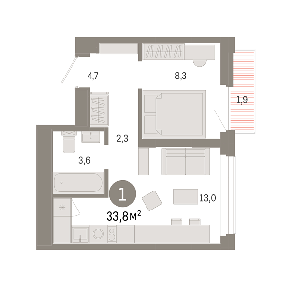 Новая 1-к квартира
 33.76 м² на 15/25 этаже в ЖК «Зарека» в городе Тюмень 