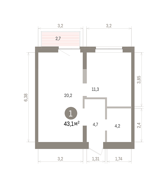 Количество комнат: 1,  43.1 кв.м.