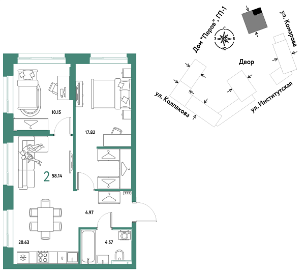 Новая 2-к квартира
 58.14 м² на 4/25 этаже в ЖК «Страна.Парковая» в городе Тюмень 
