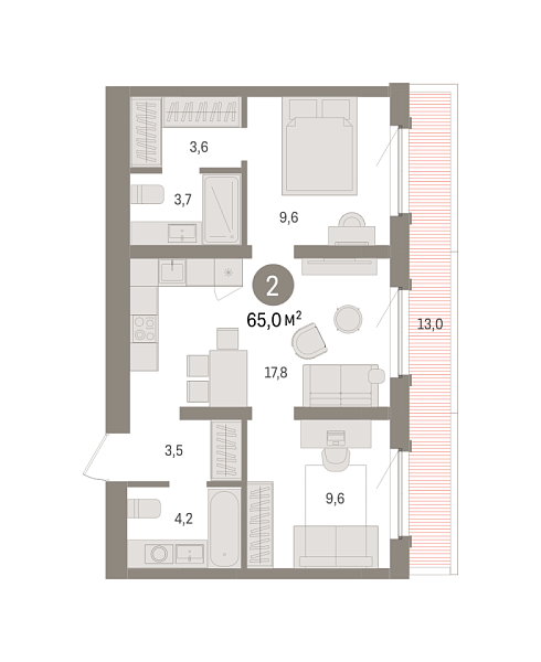 Новая 2-к квартира
 65 м² на 8/8 этаже в ЖК «Зарека» в городе Тюмень 