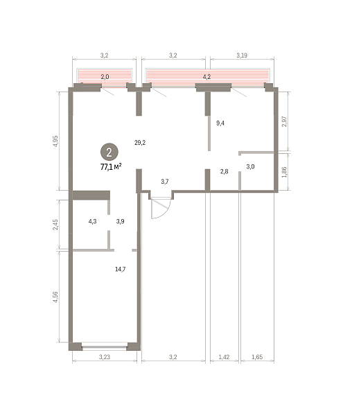 Количество комнат: 2,  77.14 кв.м.