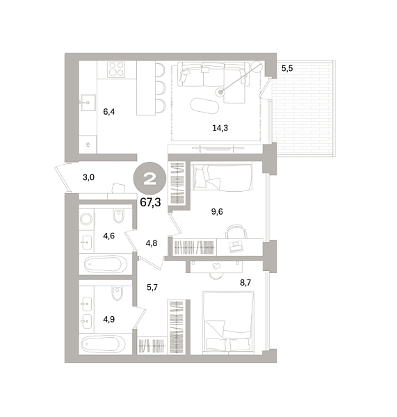 Новая 2-к квартира
 67.28 м² на 8/16 этаже в ЖК «Северный ветер» в городе Тюмень 