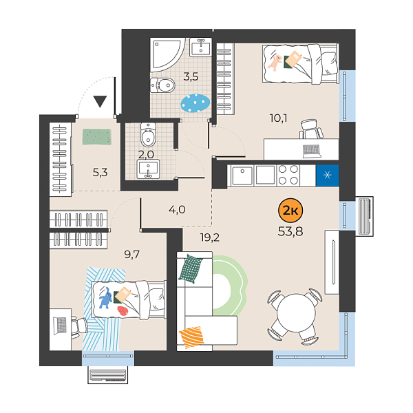 Новая 2-к квартира
 53.8 м² на 3/25 этаже в ЖК «Корней» в городе Тюмень 