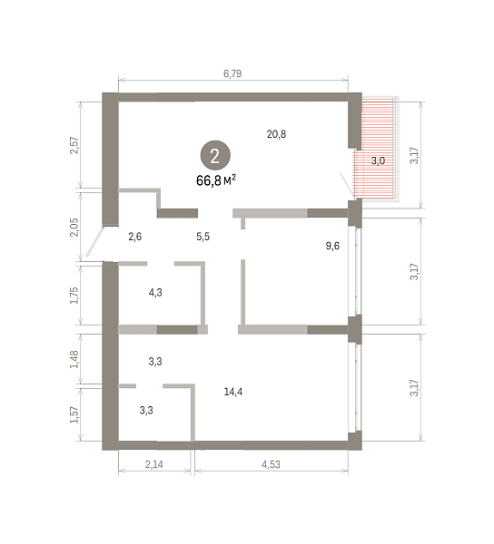 Количество комнат: 2,  66.8 кв.м.