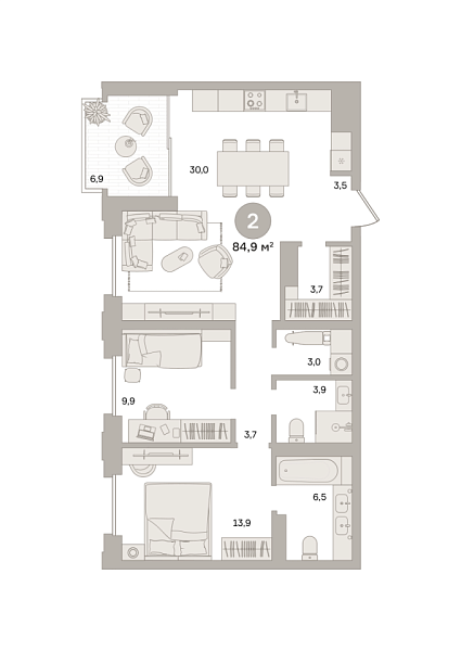 Новая 2-к квартира
 84.9 м² на 10/24 этаже в ЖК «Квартал «МОНС»» в городе Тюмень 