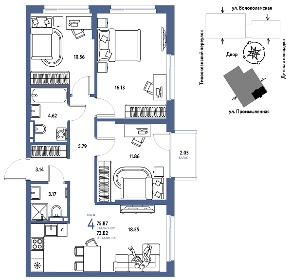 Новая 4-к квартира
 75.87 м² на 14/20 этаже в ЖК «Страна.Прибрежная» в городе Тюмень 