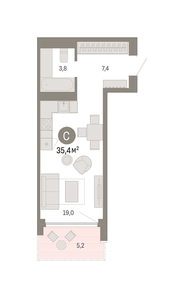 Новая квартира-студия
 35.39 м² на 22/25 этаже в ЖК «Октябрьский на Туре» в городе Тюмень 