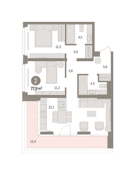 Новая 2-к квартира
 77.85 м² на 4/16 этаже в ЖК «Кварталы «На Минской»» в городе Тюмень 