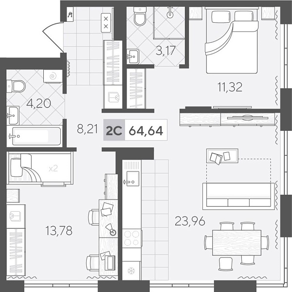 Новая 2-к квартира
 64.64 м² на 3/4 этаже в ЖК «Скандиа. Квартал у Озера» в городе Тюмень 