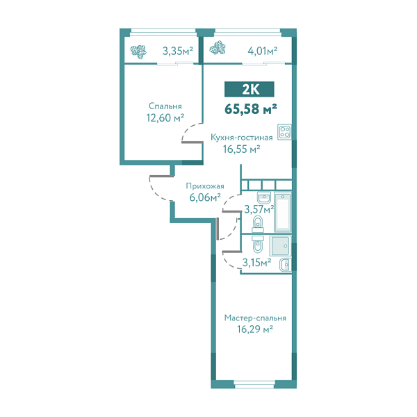 Новая 2-к квартира
 65.58 м² на 4/10 этаже в ЖК «Акватория» в городе Тюмень 