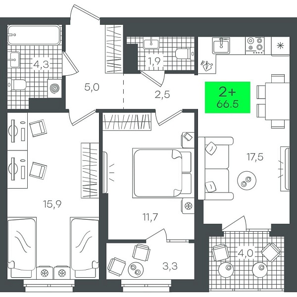 Новая 2-к квартира
 66.5 м² на 21/22 этаже в ЖК «Гранд Квартал» в городе Тюмень 
