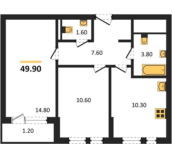 Новая 2-к квартира
 49.9 м² на 5/15 этаже в ЖК «Барса» в городе Тюмень 