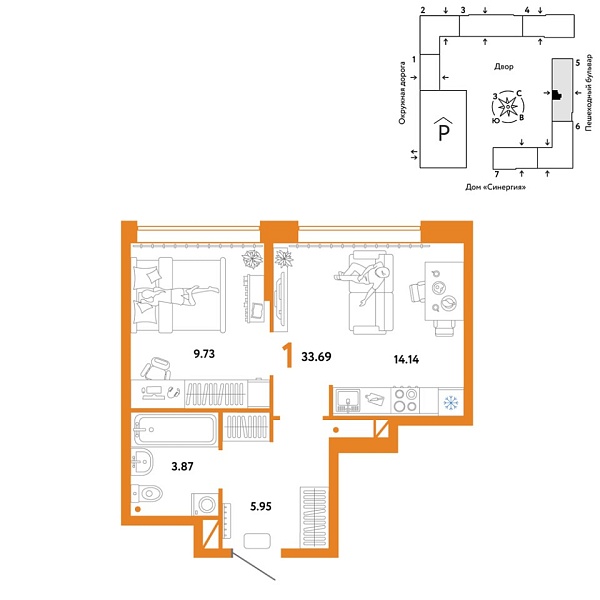 Новая 1-к квартира
 33.69 м² на 3/16 этаже в ЖК «Юнион» в городе Тюмень 