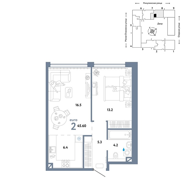 Новая 2-к квартира
 45.6 м² на 8/30 этаже в ЖК «Страна.Озёрная» в городе Тюмень 