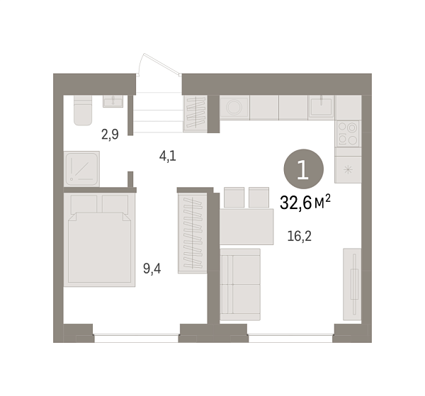 Новая 1-к квартира
 32.6 м² на 3/9 этаже в ЖК «Речной порт» в городе Тюмень 