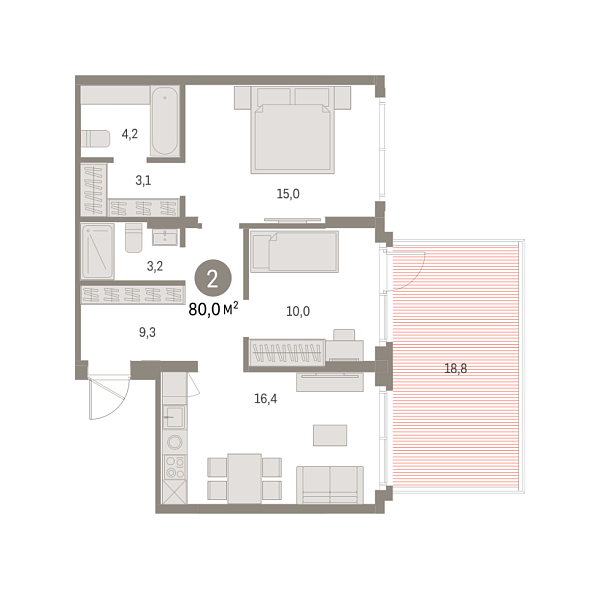 Новая 2-к квартира
 79.95 м² на 1/9 этаже в ЖК «Брусника в Академическом» в городе Тюмень 