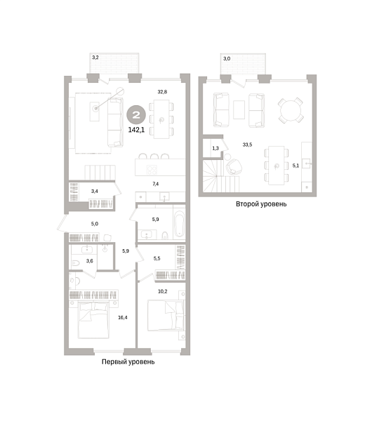 Новая 2-к квартира
 142.14 м² на 7/10 этаже в ЖК «Северный ветер» в городе Тюмень 