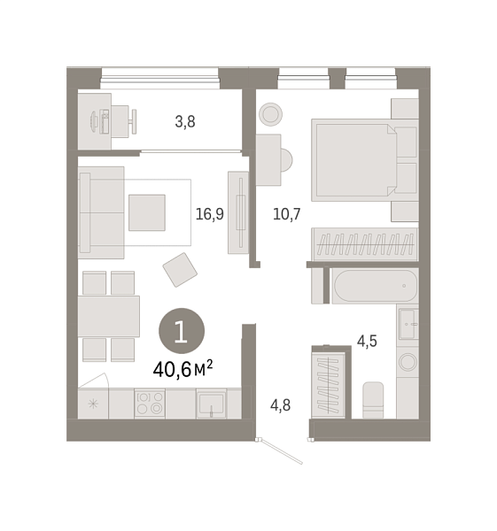 Новая 1-к квартира
 40.59 м² на 5/9 этаже в ЖК «Республики 205» в городе Тюмень 