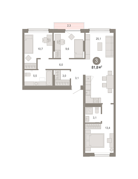 Новая 3-к квартира
 81.83 м² на 3/9 этаже в ЖК «Октябрьский на Туре» в городе Тюмень 