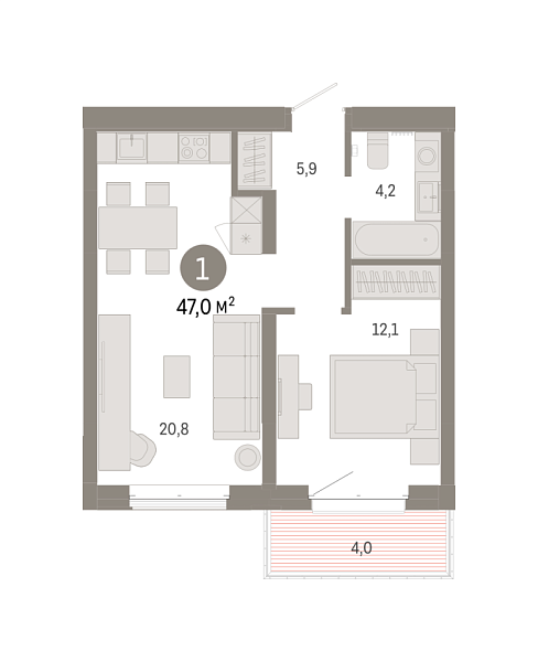 Новая 1-к квартира
 46.98 м² на 3/7 этаже в ЖК «Кварталы «На Минской»» в городе Тюмень 