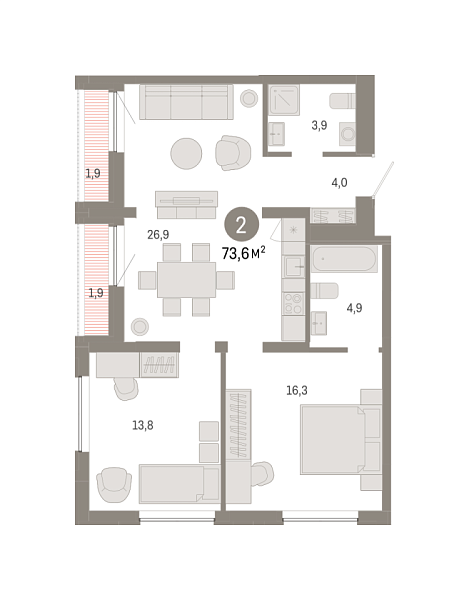Новая 2-к квартира
 73.55 м² на 6/7 этаже в ЖК «Южные кварталы» в городе Тюмень 