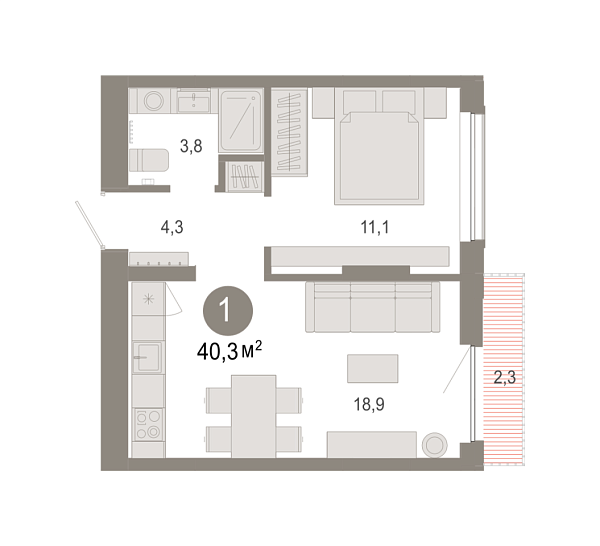 Новая 1-к квартира
 40.29 м² на 3/7 этаже в ЖК «Октябрьский на Туре» в городе Тюмень 