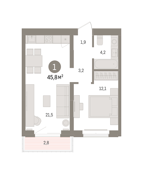 Новая 1-к квартира
 45.77 м² на 5/7 этаже в ЖК «Кварталы «На Минской»» в городе Тюмень 