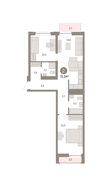 Новая 2-к квартира
 71.3 м² на 6/8 этаже в ЖК «Речной порт» в городе Тюмень 