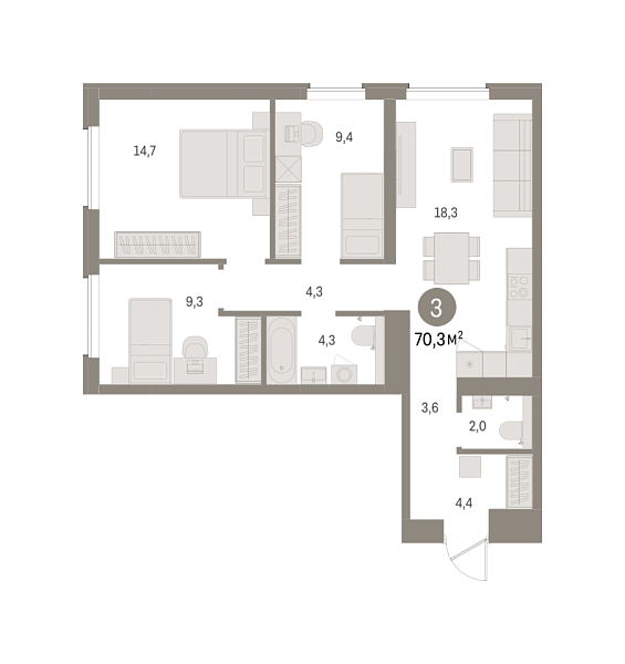 Новая 3-к квартира
 70.3 м² на 6/9 этаже в ЖК «Северный ветер» в городе Тюмень 