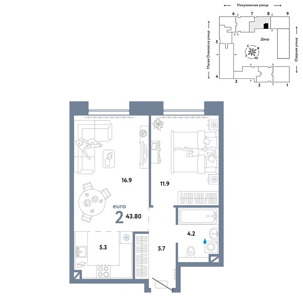 Новая 2-к квартира
 43.8 м² на 2/30 этаже в ЖК «Страна.Озёрная» в городе Тюмень 