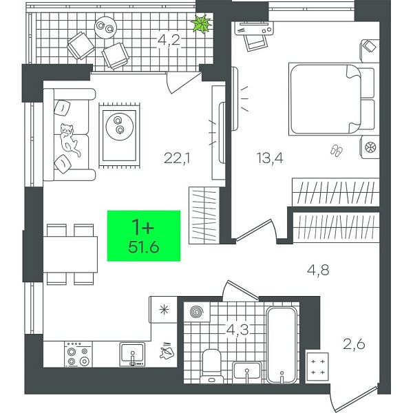 Новая 1-к квартира
 51.62 м² на 12/21 этаже в ЖК «Гранд Квартал» в городе Тюмень 