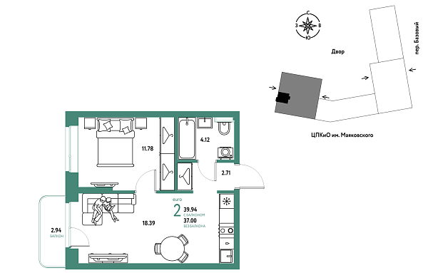 Новая 2-к квартира
 39.94 м² на 11/25 этаже в ЖК «Сибирский сад» в городе Тюмень 