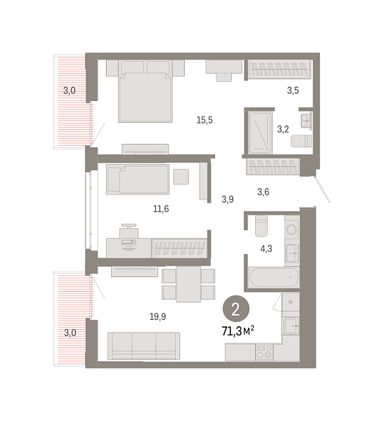 Новая 2-к квартира
 71.34 м² на 4/18 этаже в ЖК «Республики 205» в городе Тюмень 