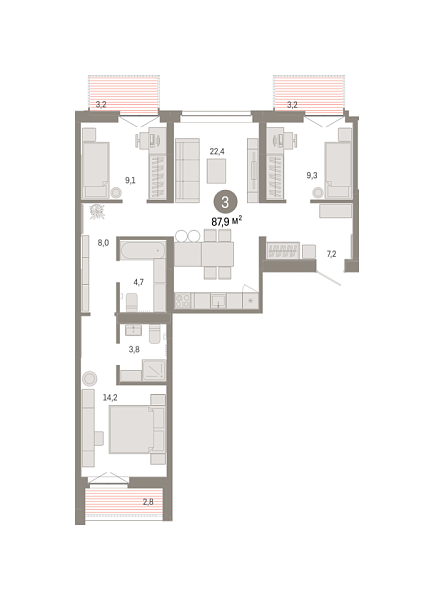 Новая 3-к квартира
 87.88 м² на 2/7 этаже в ЖК «Республики 205» в городе Тюмень 