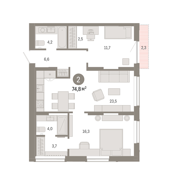 Новая 2-к квартира
 74.82 м² на 10/17 этаже в ЖК «Октябрьский на Туре» в городе Тюмень 