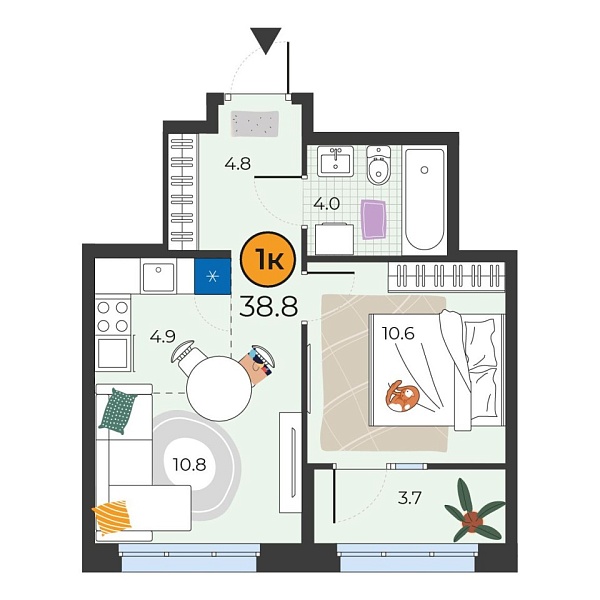 Новая 1-к квартира
 38.8 м² на 14/25 этаже в ЖК «Корней» в городе Тюмень 