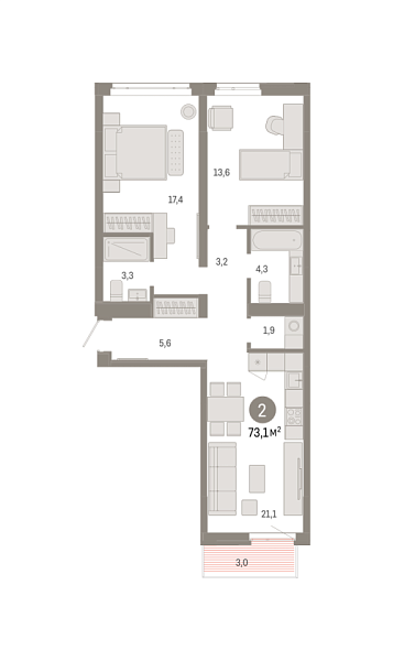 Новая 2-к квартира
 73.12 м² на 7/8 этаже в ЖК «Республики 205» в городе Тюмень 